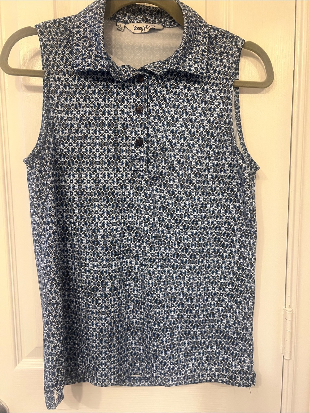 Kenny Flowers Sleeveless Blue Daisy Patterned Polo Shirt, Size S